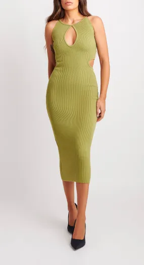 CLAUDIA ribbed-knit cutout dress army