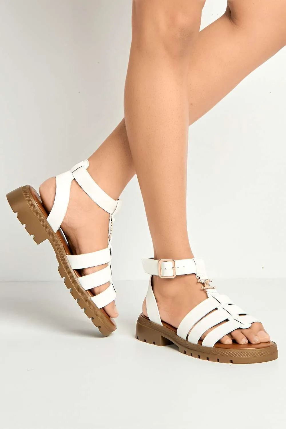 Elenie Anklestrap Flatform Sandals in White